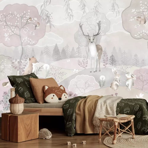 Fototapete Blumige Hügel mit einem Hirsch und Bäumen