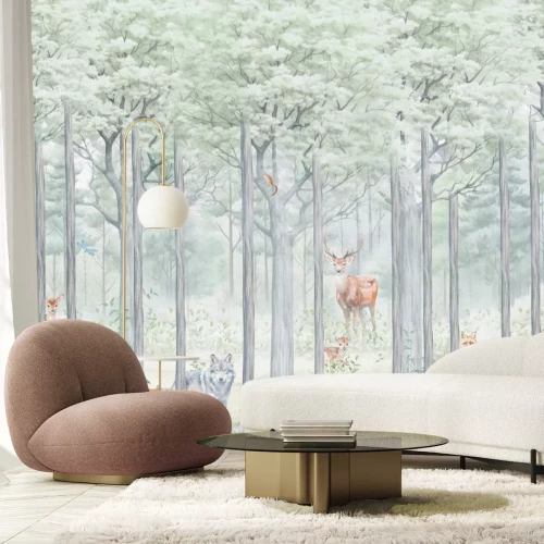 Fototapete Wald mit wilden Tieren, Wolf und Hirsch