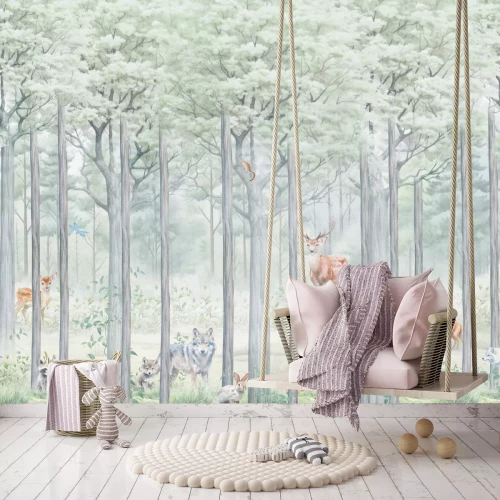 Fototapete Wald mit wilden Tieren, Wolf und Hirsch