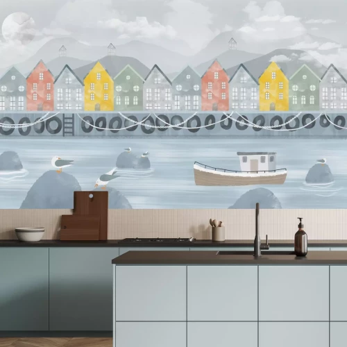 Fototapete Bunte Häuschen am Fluss mit einem Boot