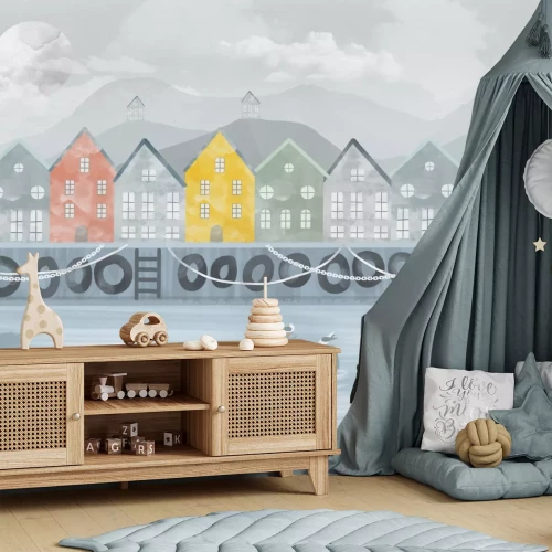 Fototapete Bunte Häuschen am Fluss mit einem Boot