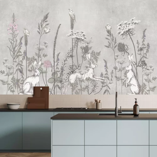 Fototapete Wiese mit Wildblumen und Hasen