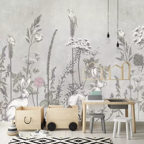 Fototapete Wiese mit Wildblumen und Hasen