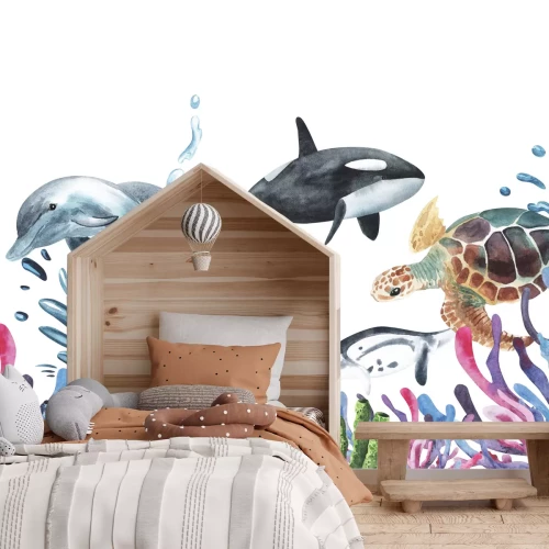 Fototapete Delfin und Wasserschildkröte zwischen dem Riff auf weißem Hintergrund