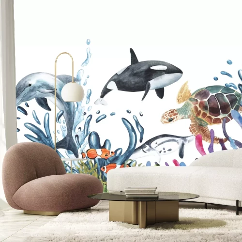 Fototapete Delfin und Wasserschildkröte zwischen dem Riff auf weißem Hintergrund