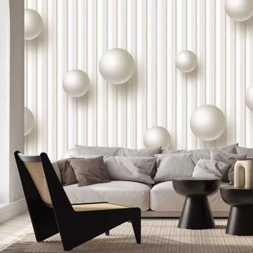 Fototapete Cremefarbene 3D-Kugeln auf gestreiftem Hintergrund