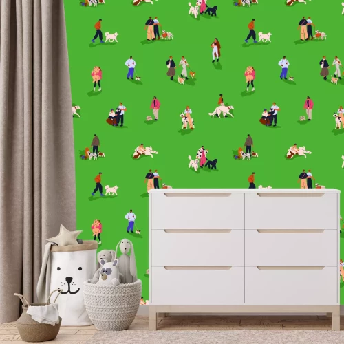 Fototapete Frauen und Männer mit Hunden beim Spaziergang