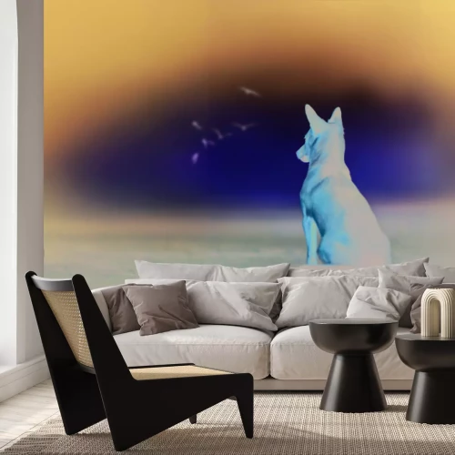 Fototapete Großer Hund am Strand vor dem Meer