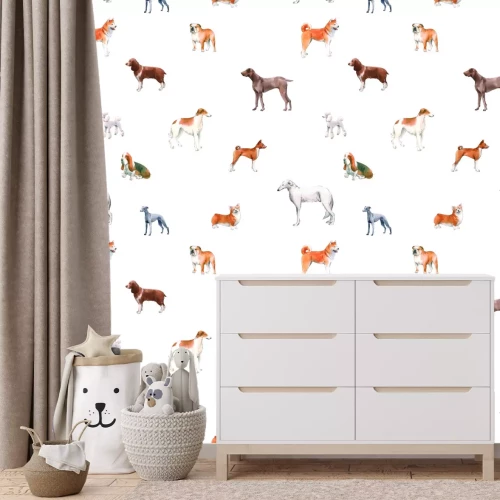 Fototapete Verschiedene Rassehunde auf weißem Hintergrund