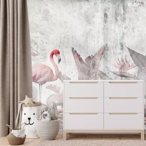 Fototapete Wallpaper design for digital printing with tropical leaves and Flamingo