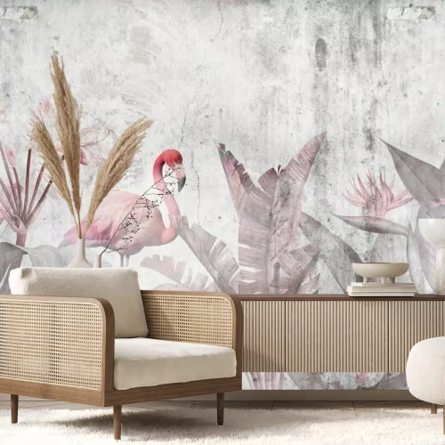 Fototapete Wallpaper design for digital printing with tropical leaves and Flamingo