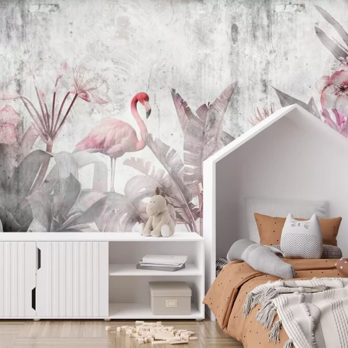 Fototapete Wallpaper design for digital printing with tropical leaves and Flamingo