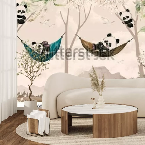 Fototapete Cute pandas lying in hammock for child room wallpaper design