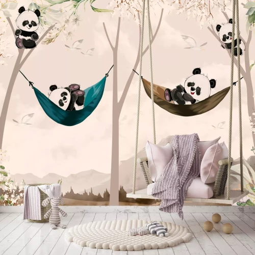 Fototapete Cute pandas lying in hammock for child room wallpaper design
