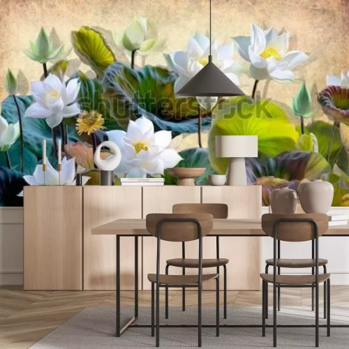 Fototapete Digitale Illustration einer blühenden weißen Lotusblume mit grünen Blättern auf einem Hintergrund von beigen Wänden im Dachboden. Tapeten und Wandbilder für den Innendruck.