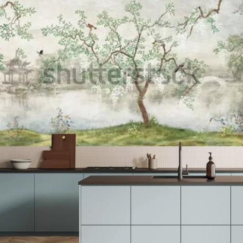 Fototapete Baum am See. Nebelhafte Landschaft. Baum mit Vögeln im japanischen Garten. das Wandbild, Tapete für den Innendruck
