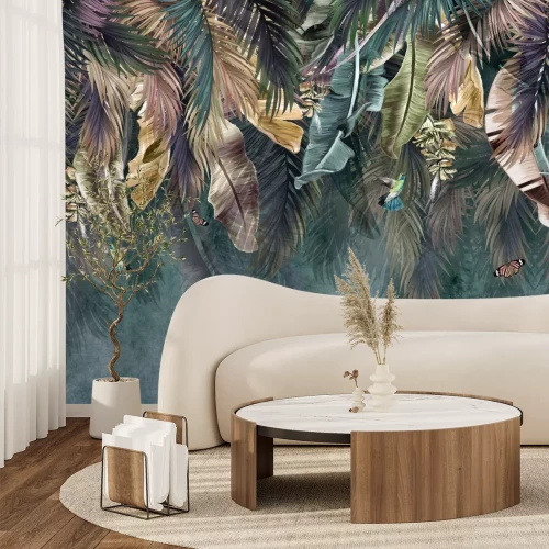 Fototapete Hängende bunte Blätter mit Vögeln