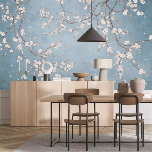 Fototapete White cherry blossoms on branches