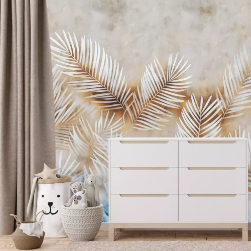 Fototapete Palmblätter auf blau-braunem Hintergrund