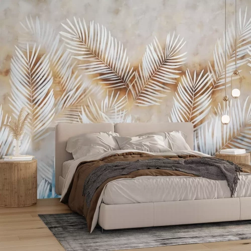 Fototapete Palmblätter auf blau-braunem Hintergrund