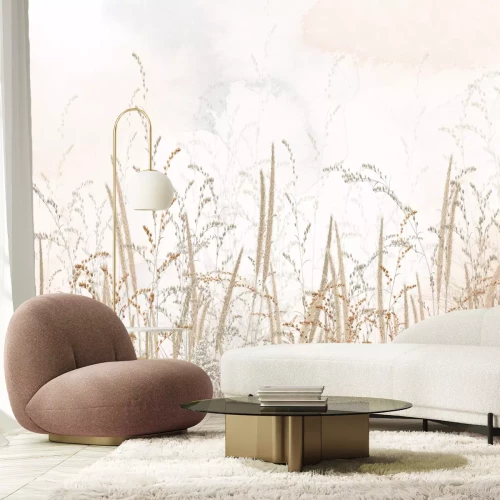 Fototapete Wilde Wiese mit Gräsern auf beigem Hintergrund