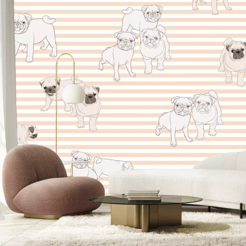 Fototapete Mops-Hunde vor gestreiftem Hintergrund moderne Grafik