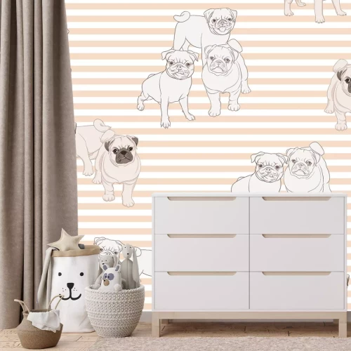 Fototapete Mops-Hunde vor gestreiftem Hintergrund moderne Grafik