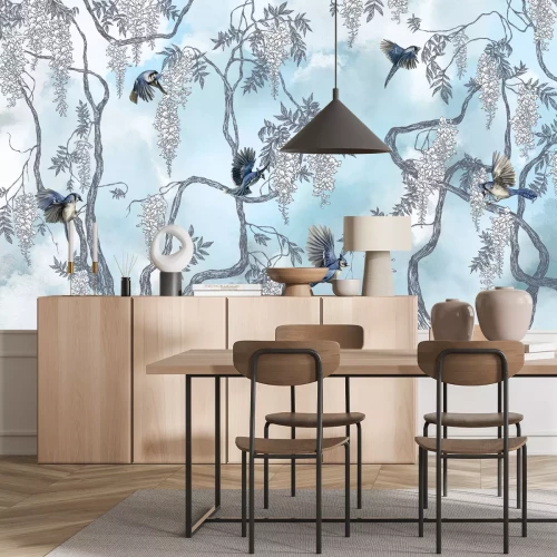 Fototapete Baum mit Blumen und Vögeln vor dem Himmelshintergrund