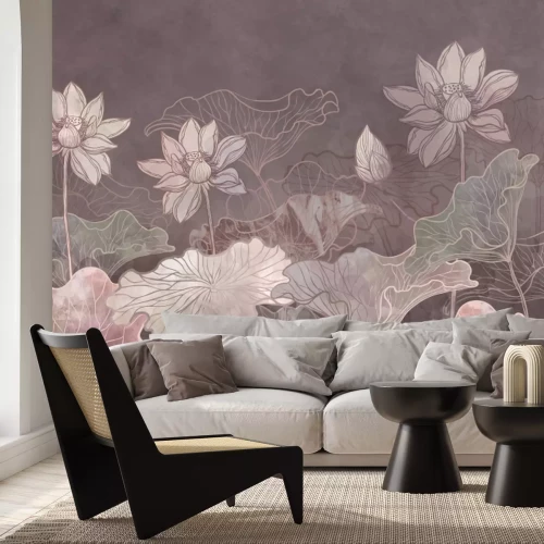 Fototapete Gezeichnete rosa Blumen und Lilienblätter