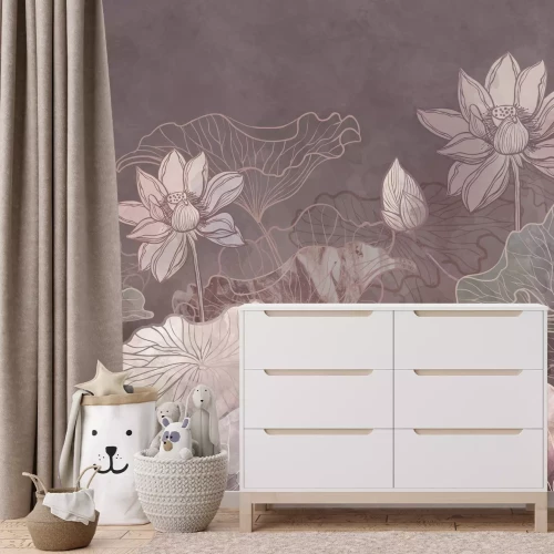 Fototapete Gezeichnete rosa Blumen und Lilienblätter