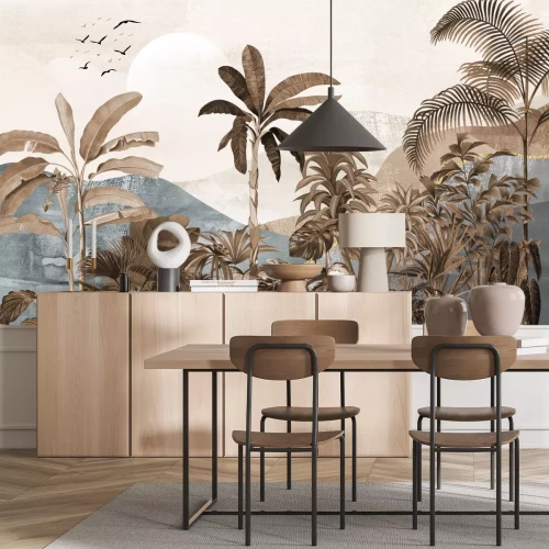 Fototapete Dschungel mit Palmen vor Bergkulisse