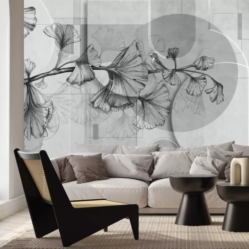 Fototapete Blätter auf grauem geometrischem Hintergrund