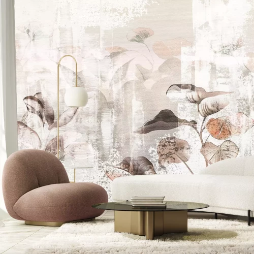 Fototapete Aquarell von Blättern auf einer Betonwand