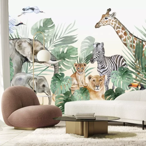 Fototapete Wilde Tiere zwischen Monstera-Blättern