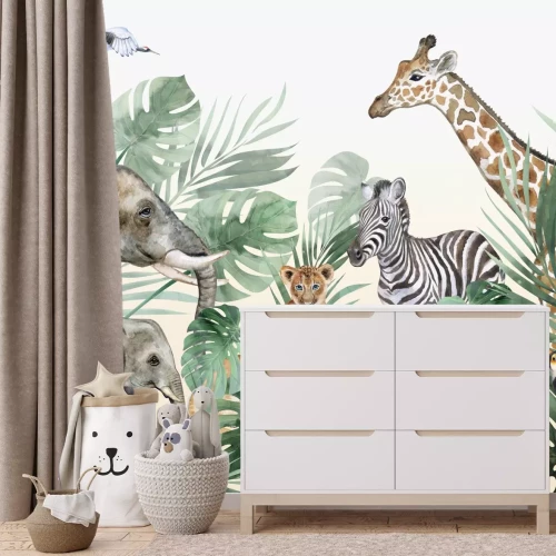 Fototapete Wilde Tiere zwischen Monstera-Blättern