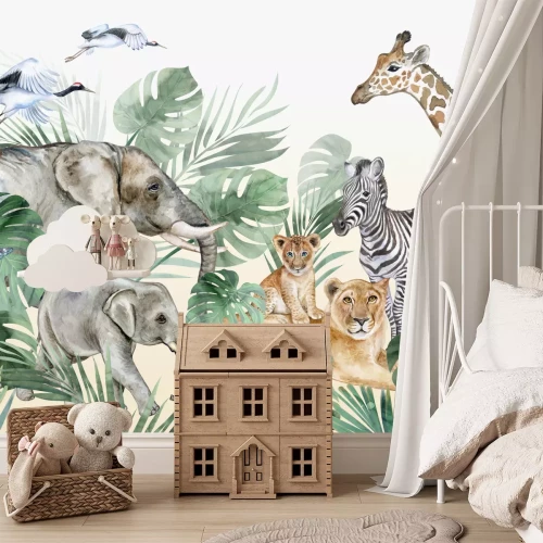 Fototapete Wilde Tiere zwischen Monstera-Blättern