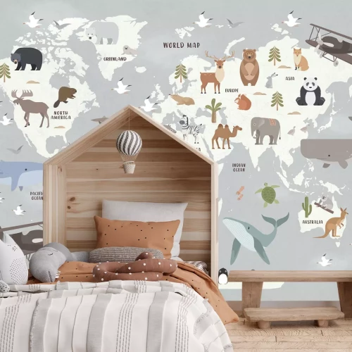Fototapete Tiere auf einer Weltkarte für Kinder