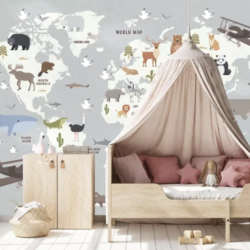 Fototapete Tiere auf einer Weltkarte für Kinder