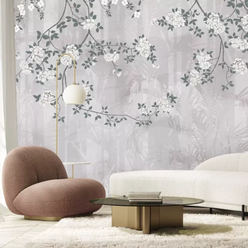 Fototapete Kletternde weiße Rosen auf pflanzlichem Hintergrund