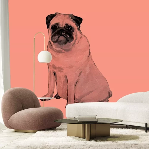 Fototapete Mops Hund Illustration im Aquarellstil auf korallfarbenem Hintergrund