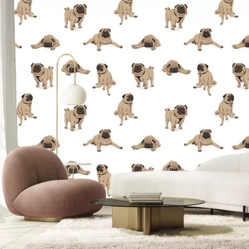 Fototapete Lustige Mops-Hunde auf weißem Hintergrund Illustration