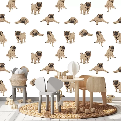 Fototapete Lustige Mops-Hunde auf weißem Hintergrund Illustration