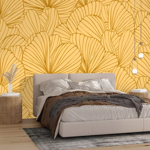 Fototapete Skizze von Blättern auf gelbem Hintergrund