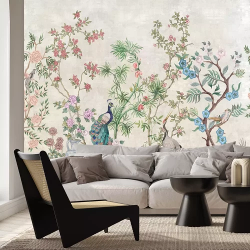 Fototapete Bäume mit Blumen unter Vögeln