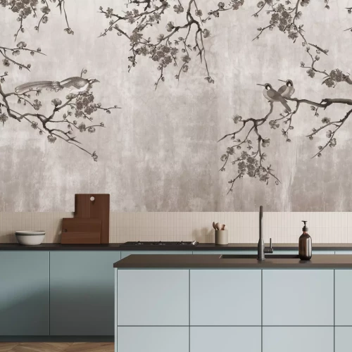 Fototapete Kirschblüten mit Vögeln auf grauem Beton