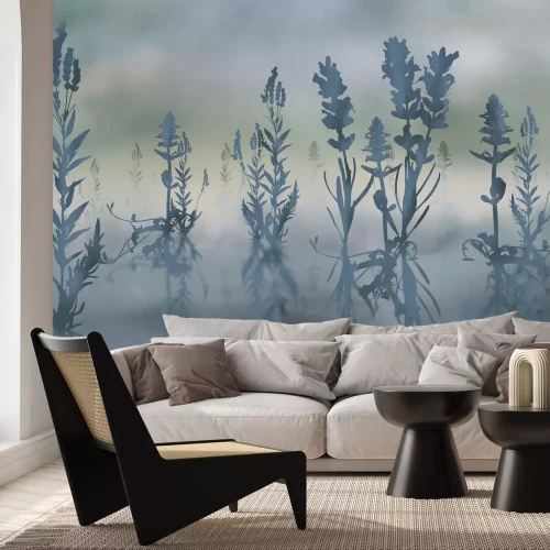 Fototapete Lavendelblüten in nebliger Landschaft Illustration