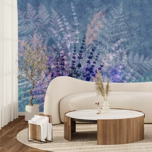 Fototapete Bunte Farnblätter mit Lavendel