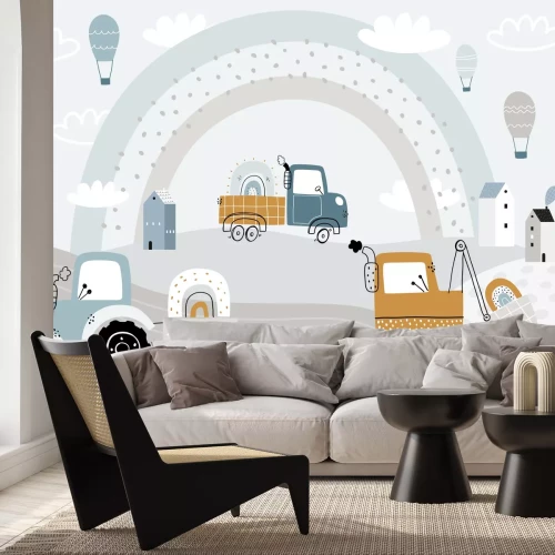 Fototapete Traktor auf Hügeln mit Bagger und Wolken