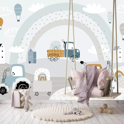 Fototapete Traktor auf Hügeln mit Bagger und Wolken