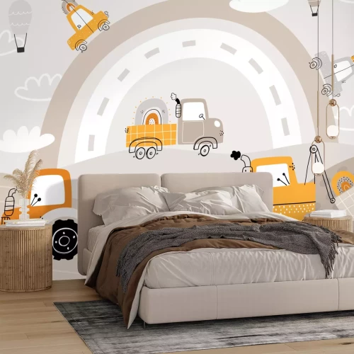 Fototapete Autos und Traktor vor einem Regenbogenhintergrund